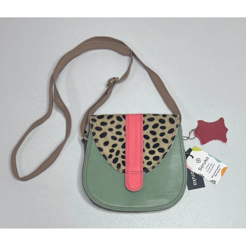 Soruka Ferrara Leather Crossbody Bag Green Pink Calf Hair Animal Print Purse NEW